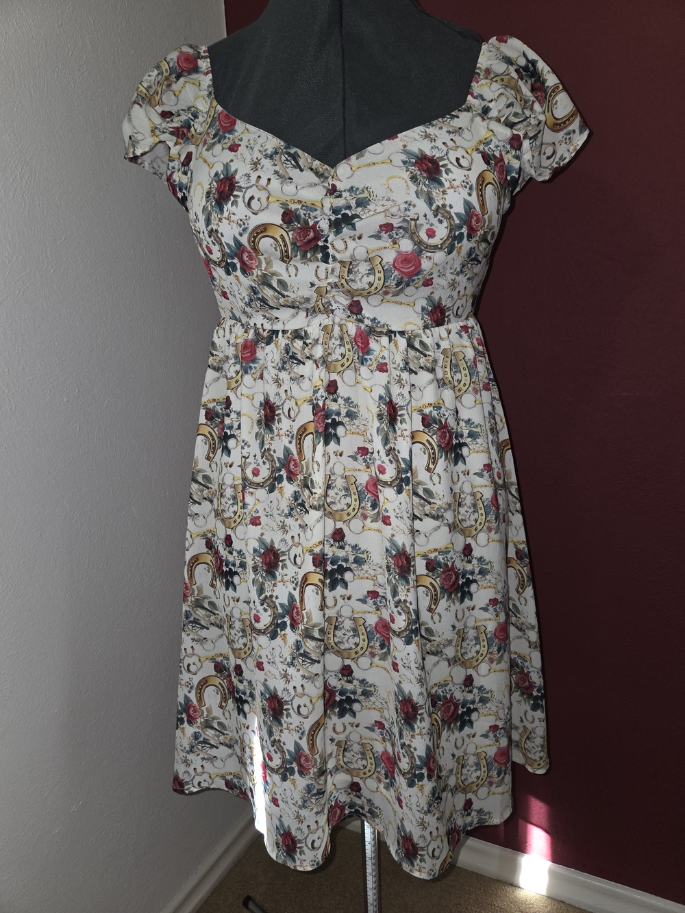 Lucky & Blessed White Dress with Pink Rose and Gold Horseshoe Print.